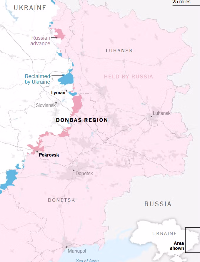Bản đồ khu vực Donbass, vùng màu xanh là lãnh thổ mà Ukraine giành lại được tính đến ngày 4/10/2026. Nguồn: Viện Nghiên cứu Chiến