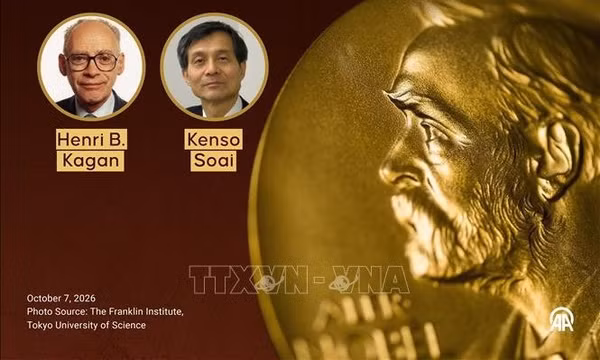 Chân dung hai nhà khoa học Henri B. Kagan (trái) của Pháp và Kenso Soai của Nhật Bản đoạt giải Nobel Hoá học năm 2026, tại lễ công bố ở Viện Hàn lâm Khoa học Hoàng gia Thụy Điển, Stockholm, ngày 7/10/2026. Ảnh: AA/TTXVN phát