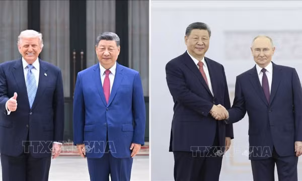 Chủ tịch Trung Quốc Tập Cận Bình và Tổng thống Mỹ Donald Trump (trái); Chủ tịch Trung Quốc Tập Cận Bình và Tổng thống Liên bang Nga Vladimir Putin. Ảnh: THX/TTXVN