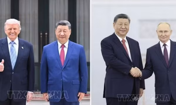 Chủ tịch Trung Quốc Tập Cận Bình và Tổng thống Mỹ Donald Trump (trái); Chủ tịch Trung Quốc Tập Cận Bình và Tổng thống Liên bang Nga Vladimir Putin. Ảnh: THX/TTXVN
