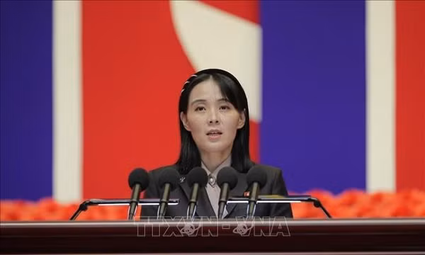 Bà Kim Yo Jong trong một bài phát biểu tại Bình Nhưỡng, Triều Tiên. Ảnh: Yonhap/TTXVN phát 