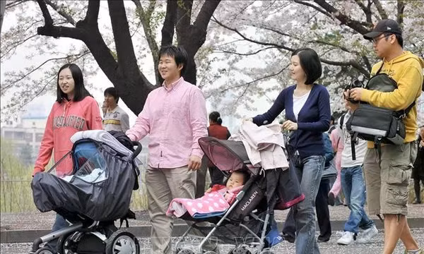 Cha mẹ đưa trẻ nhỏ đi dạo trong công viên ở Seoul, Hàn Quốc. Ảnh tư liệu: TTXVN 