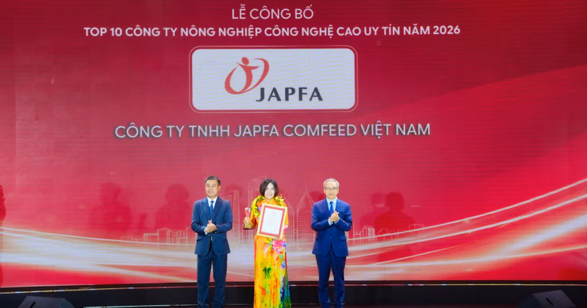 Japfa Việt Nam được vinh danh ở vị trí thứ ba trong Top 10 Công ty uy tín ngành Nông nghiệp Công nghệ cao năm 2026.