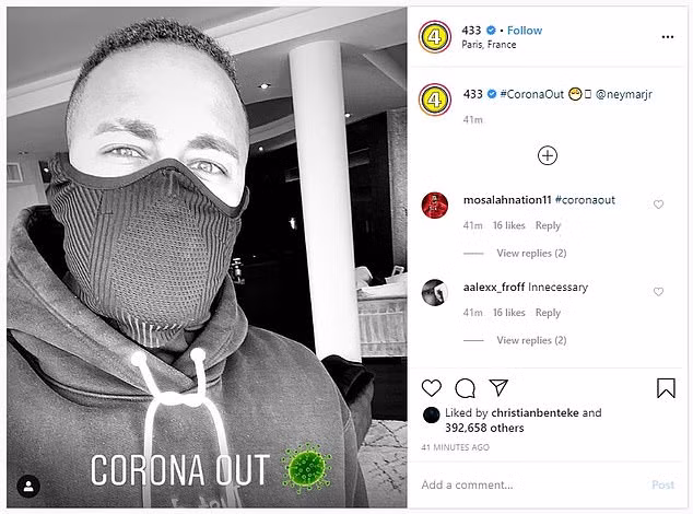 Neymar đăng ảnh đeo khẩu trang với dòng đề #CoronaOut (Corona biến đi) trên trang Instagram. Ảnh: Neymar/Instagram