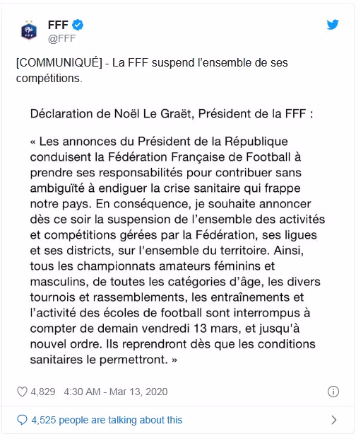 Thông báo hoãn Ligue 1 của Liên đoàn bóng đá Pháp. Ảnh: FFF