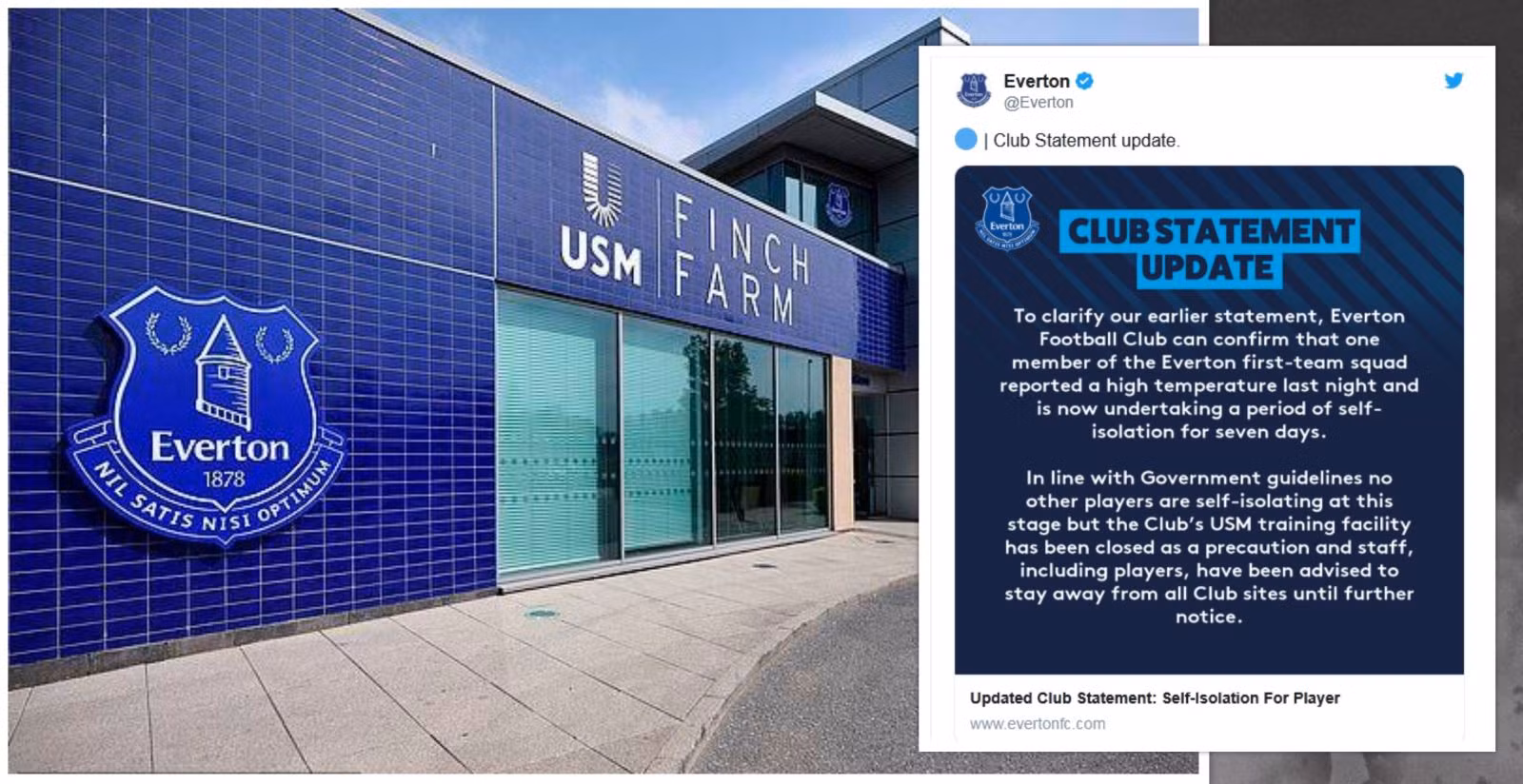 Thông báo của CLB Everton, một trong những câu lạc bộ bị ảnh hưởng bởi COVID-19. Ảnh: Everton