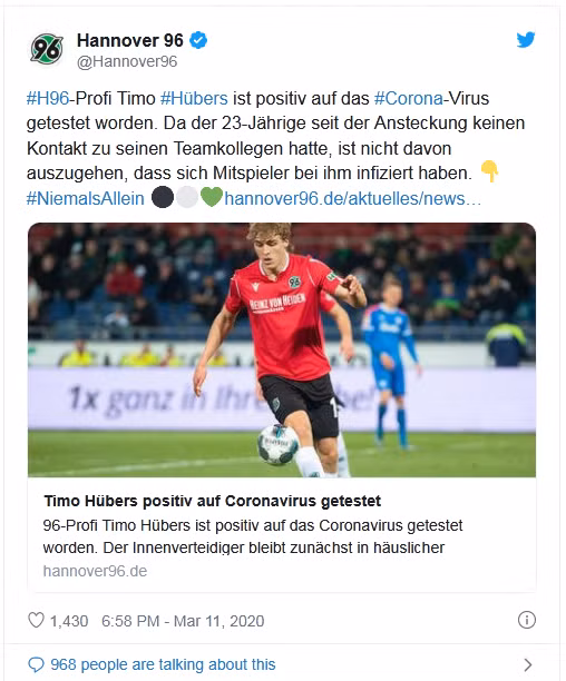 Timo Hübers của Hannover là cầu thủ bóng đá chuyên nghiệp Đức đầu tiên bị phát hiện mắc COVID-19. Ảnh: Hannover96