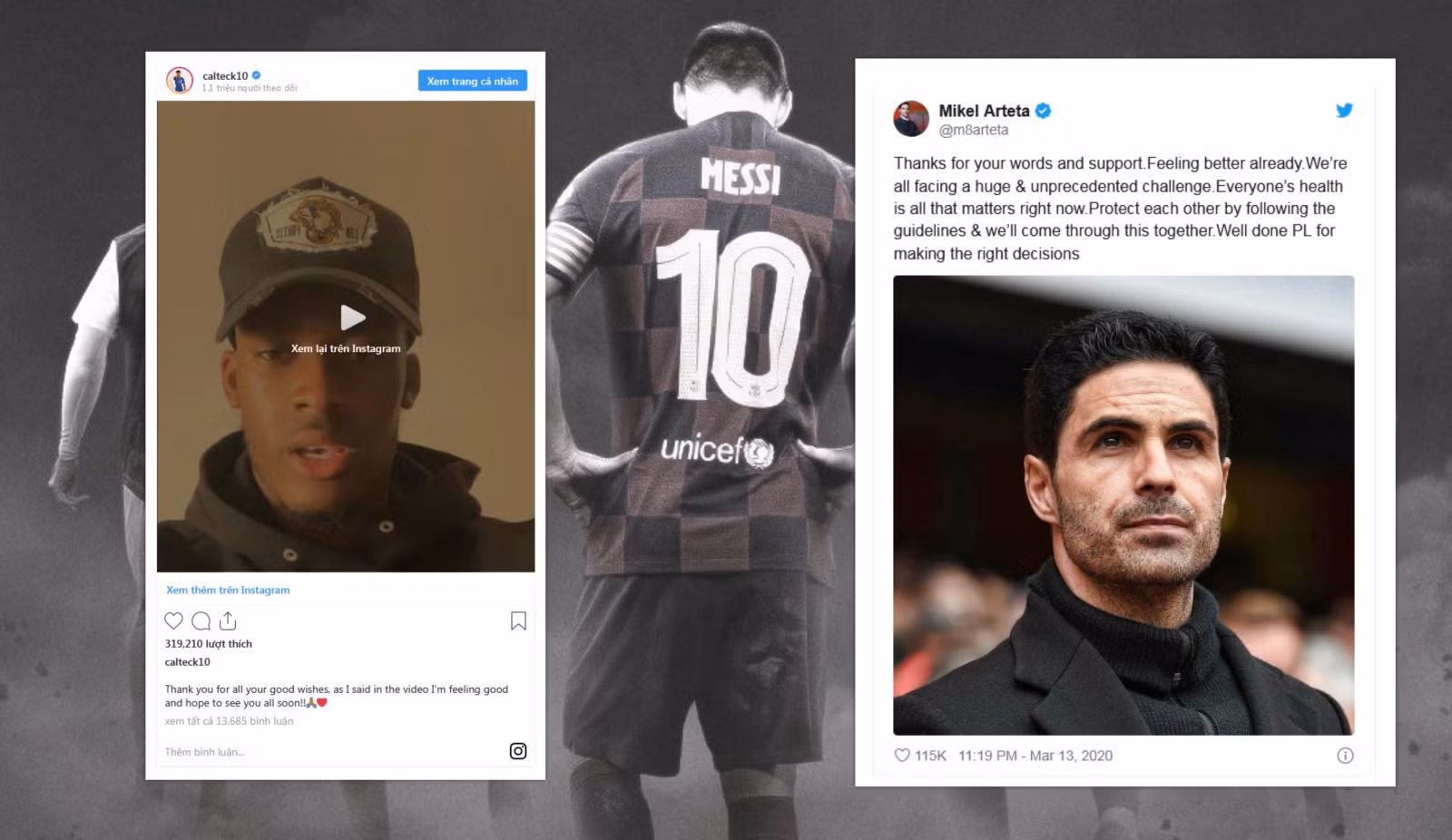 Hậu vệ Callum Hudson-Odoi và HLV Arteta chia sẻ về tình hình sức khỏe. Ảnh: Instagram, Twitter