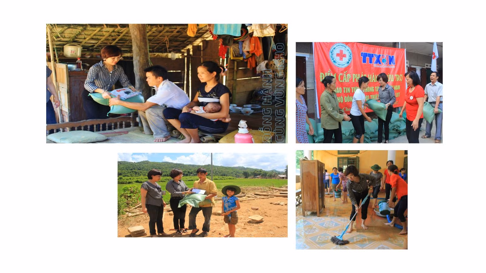Báo Tin tức tặng quà cho các hộ dân bị ảnh hưởng đợt mưa lũ và tham gia khắc phục hậu quả mưa lũ trong hành trình đầu tiên của “Đồng hành cùng vùng khó” tới huyện Lang Chánh, Thanh Hóa vào tháng 9/2012.