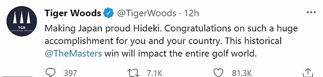 Tiger Woods dành lời tán dương cho nhà vô địch mới của The Masters.
