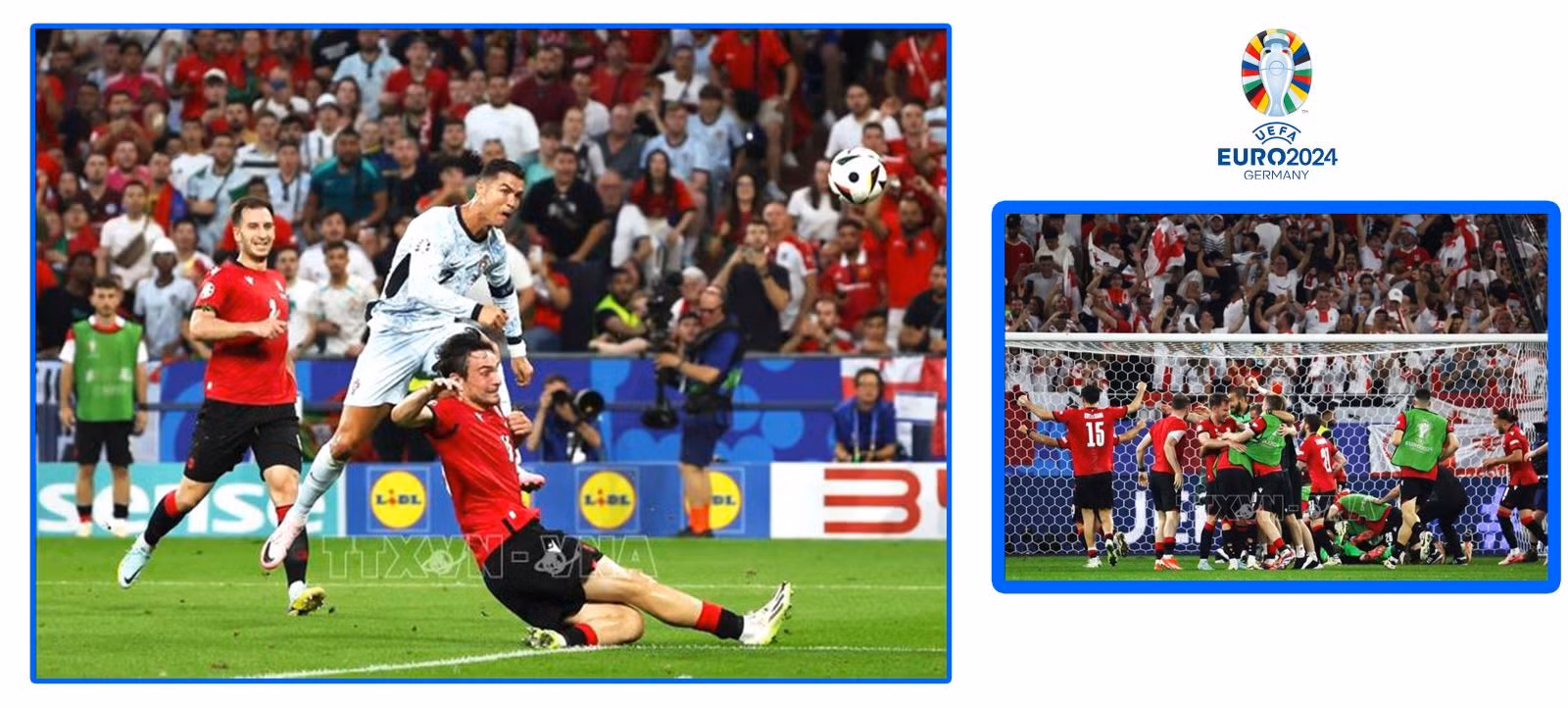 Georgia (áo đỏ) trở thành hiện tượng của giải khi bất ngờ giành chiến thắng 2 - 0 trước đội tuyển Bồ Đào Nha tại lượt trận cuối bảng F Vòng chung kết EURO 2024, qua đó lần đầu tiên giành vé đi tiếp vào vòng 1/8.