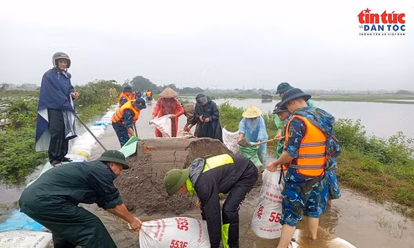 Lữ đoàn 28 dầm mưa, cùng người dân gia cố đê Gò Khoăm
