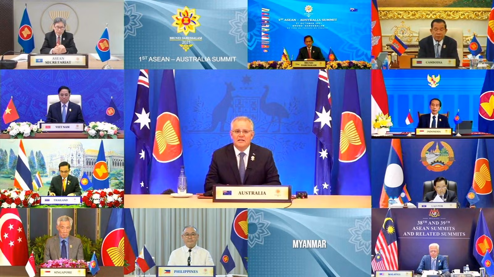 Thủ tướng Australia Scott Morrison (giữa) dự Hội nghị cấp cao ASEAN - Australia lần thứ nhất theo hình thức trực tuyến, ngày 27/10/2021.