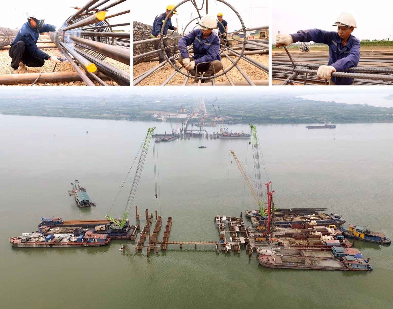 Không khí thi công khẩn trương trên công trường cầu Ngọc Hồi (Hà Nội). Các nhà thầu quyết tâm thi công vượt tiến độ và hoàn thành trước khi khai mạc APEC năm 2027.