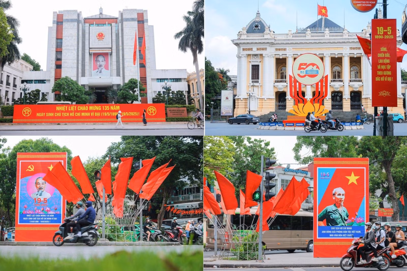 Kỷ niệm 135 năm Ngày sinh Chủ tịch Hồ Chí Minh (19/5/1890 - 19/5/2025), Thủ đô Hà Nội rực rỡ cờ hoa, pano, áp phích và băng rôn tuyên truyền về cuộc đời, sự nghiệp cách mạng vĩ đại của Người.
