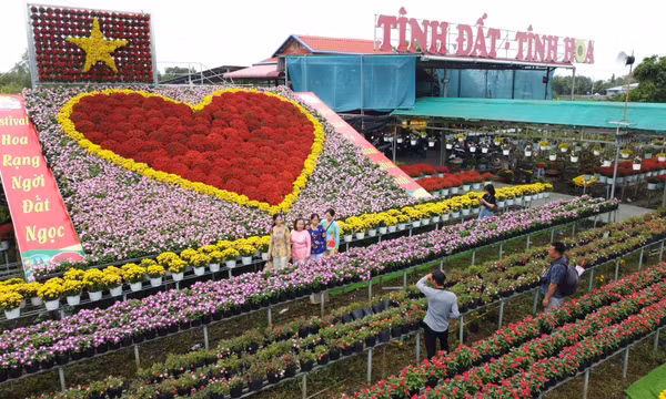 'Trái tim' khổng lồ làm từ 1.600 chậu hoa tươi ở Làng hoa Sa Đéc