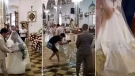 Cặp đôi Philippines quyết tâm cử hành hôn lễ dù nhà thờ ngập nước do mưa lớn