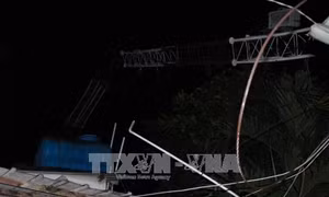 Mưa to gió lớn khiến cột thu phát sóng đổ đè sập nhà dân
