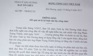 Cách chức Trưởng phòng Bảo vệ chính trị nội bộ, Ban Tổ chức Tỉnh ủy Hải Dương 