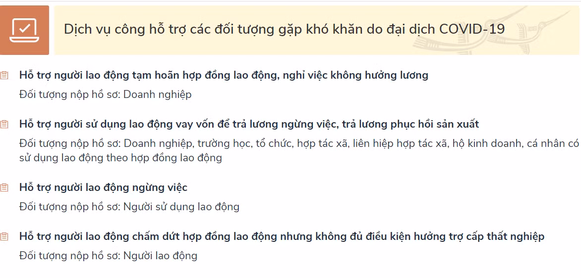 Xử lý hồ sơ dịch vụ công hỗ trợ đối tượng gặp khó khăn do đại dịch COVID-19 trên Cổng Dịch vụ công Quốc gia