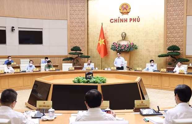 Quang cảnh cuộc họp Chính phủ với BCĐ Quốc gia phòng, chống dịch COVID-19. Ảnh: Dương Giang-TTXVN