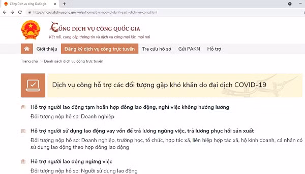 Dịch vụ công trực tuyến hỗ trợ người dân, DN chịu ảnh hưởng, gặp nhiều khó khăn do COVID-19 tại địa chỉ: ncovi.dichvucong.gov.vn. Nguồn:baochinhphu.vn 