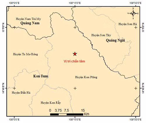 Bản đồ chấn tâm trận động đất ở Kon Plông (Kon Tum) sáng 21/5/2021. Ảnh: igp-vast.vn