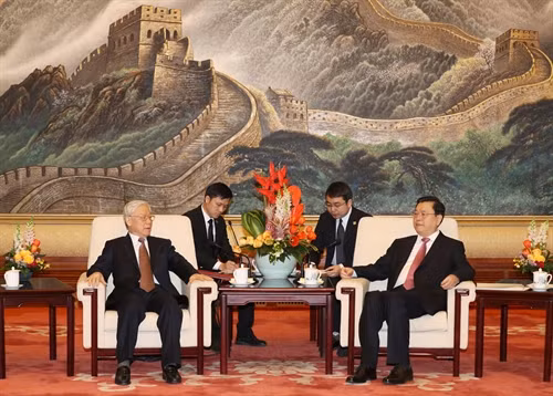 Tổng Bí thư Nguyễn Phú Trọng hội kiến Ủy viên trưởng Ủy ban Thường vụ Đại hội đại biểu nhân dân toàn quốc Trung Quốc Trương Đức Giang