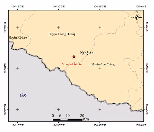 Bản đồ chấn tâm trận động đất. Ảnh: igp-vast.vn