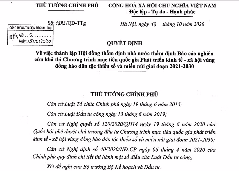 Lập Hội đồng thẩm định Chương trình mục tiêu quốc gia phát triển vùng đồng bào dân tộc thiểu số, miền núi
