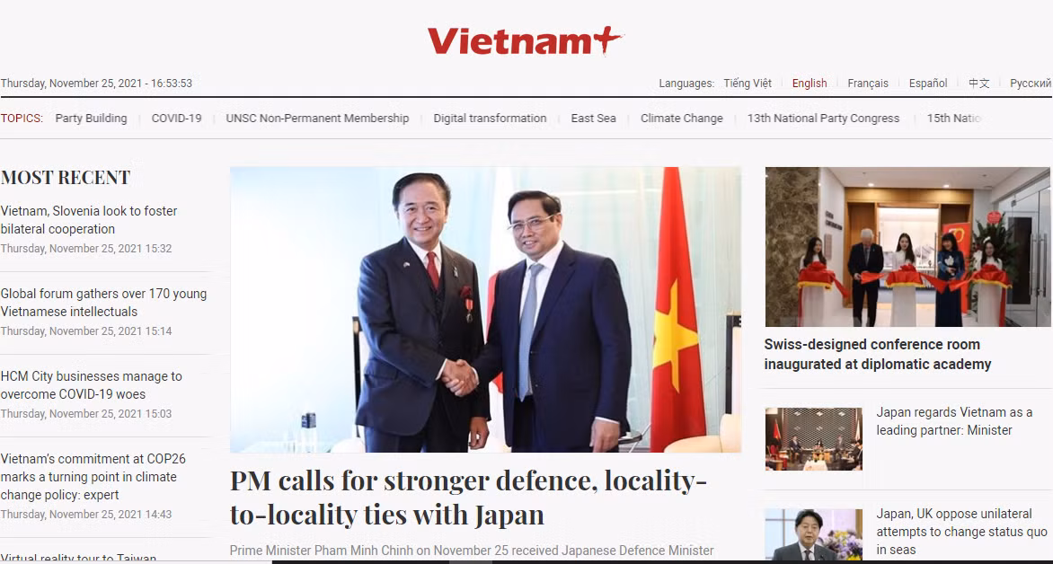 Giao diện báo điện tử Vietnam Plus (Vietnam+) bản tiếng Anh. Ảnh: DTMN