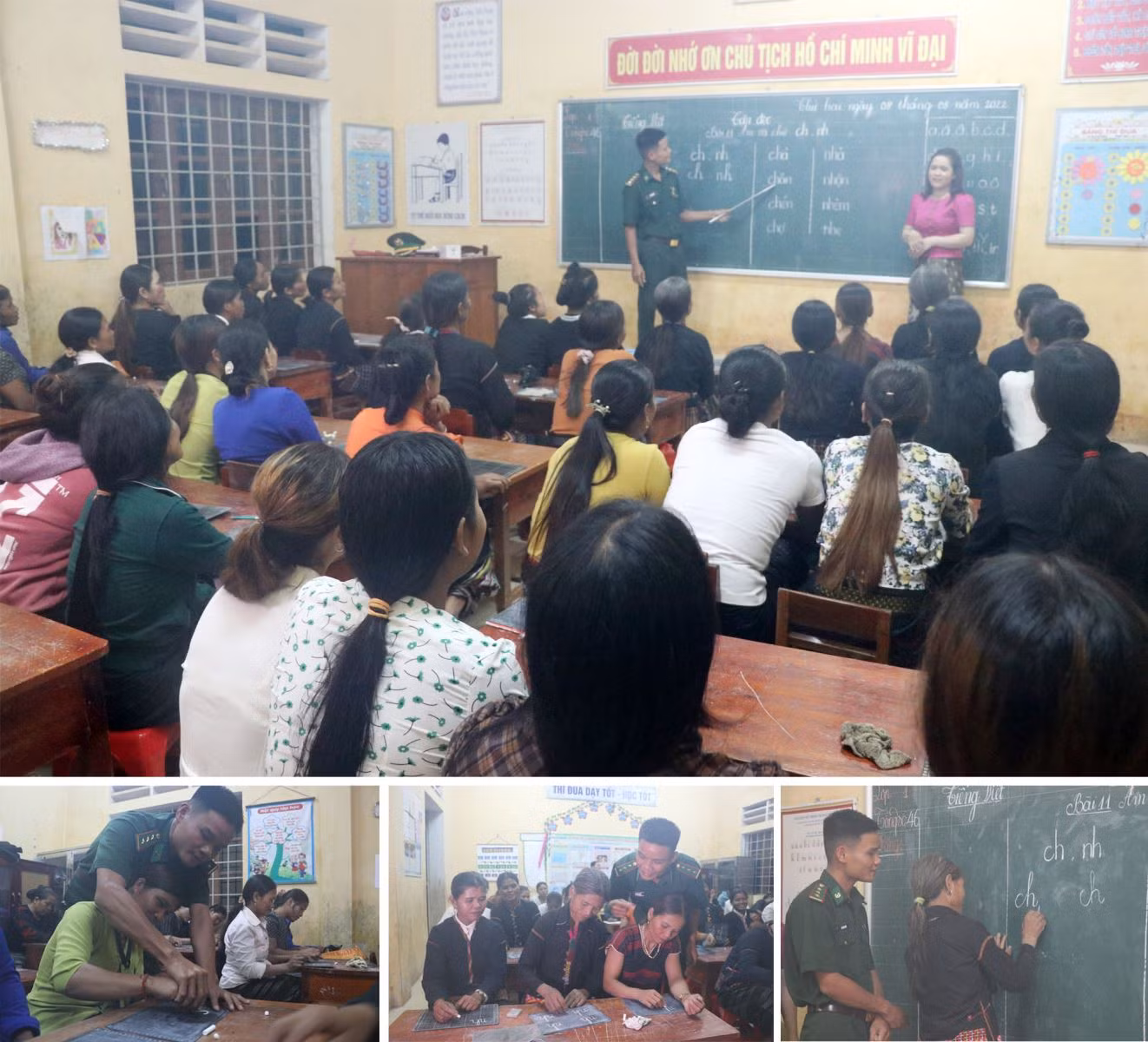 Phụ nữ Pa Cô, Vân Kiều ở xã Ba Tầng, huyện Hướng Hóa (Quảng Trị) đến lớp học "xóa tái mù chữ" do các thầy giáo quân hàm xanh đứng lớp.