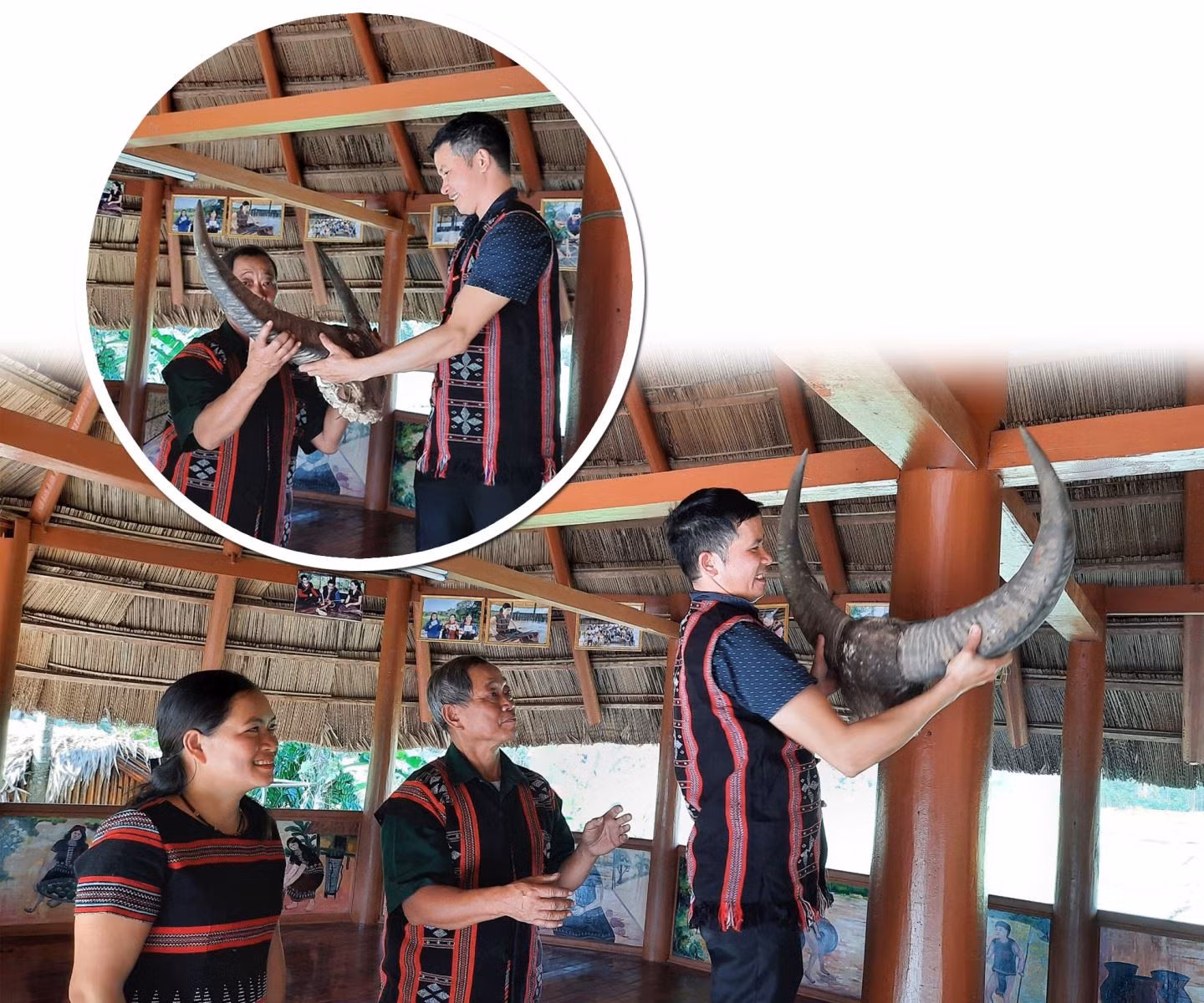 Những năm gần đây, đồng bào đồng bào Cơ Tu ở huyện Nam Đông (Thừa Thiên - Huế) dần xóa bỏ phong tục đâm trâu mừng năm mới. Trong ảnh: Những chiếc đầu trâu sau lễ hội đâm trâu được treo ở cột chính giữa nhà Gươl truyền thống.