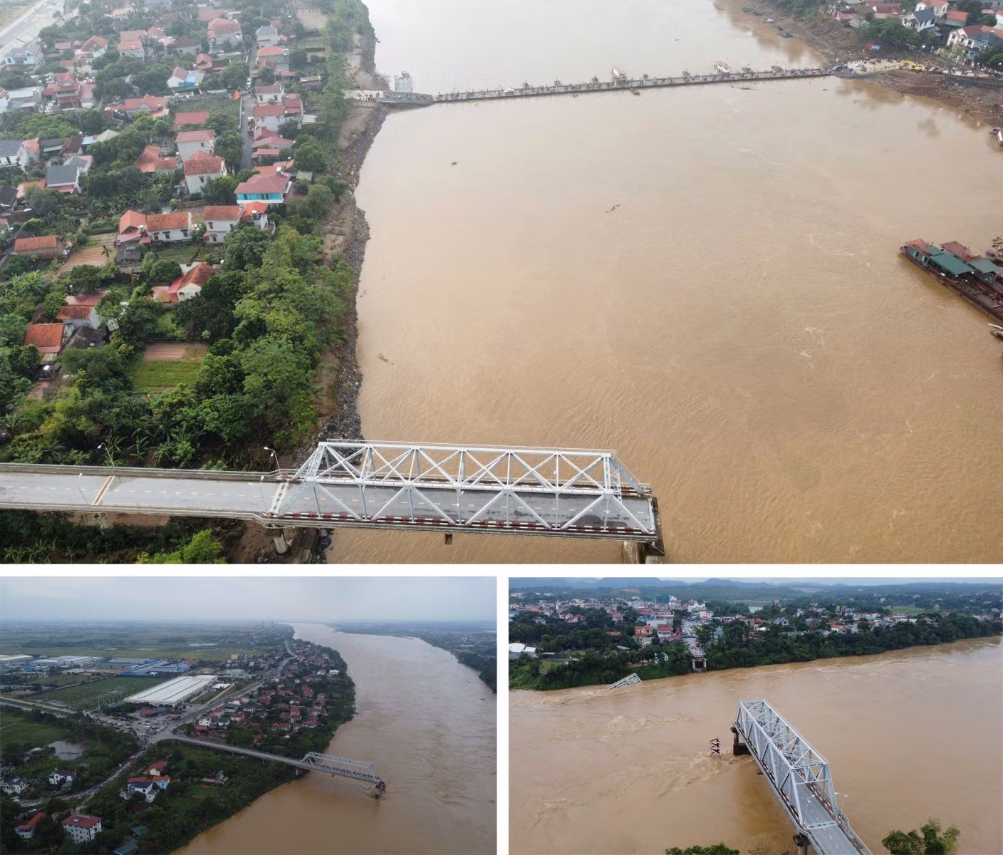 Cầu Phong Châu (Phú Thọ) bị sập trong bão số 3, sau đó cầu phao được lắp đặt để ô tô con và xe thô sơ có thể qua sông.