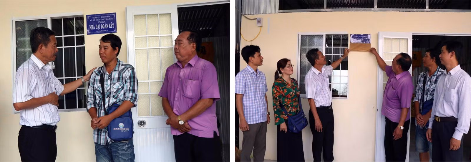 Đại diện lãnh đạo Ủy ban Mặt trận Tổ quốc Việt Nam tỉnh Cà Mau, Công ty xổ số kiến thiết Cà Mau trao tặng căn nhà ''Đại đoàn kết'' cho anh Nguyễn Hồng Khanh ở Khóm 2, thị trấn Thới Bình (Cà Mau).