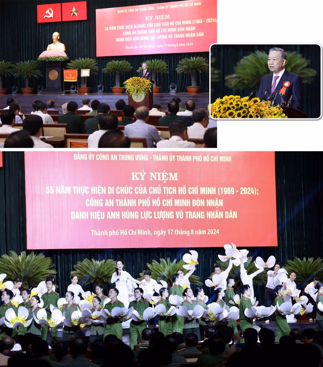 Tổng Bí thư, Chủ tịch nước Tô Lâm phát biểu tại Lễ kỷ niệm 55 năm thực hiện Di chúc của Chủ tịch Hồ Chí Minh (1969 - 2024) và Lễ đón nhận Danh hiệu Anh hùng lực lượng vũ trang nhân dân của Công an Thành phố Hồ Chí Minh.