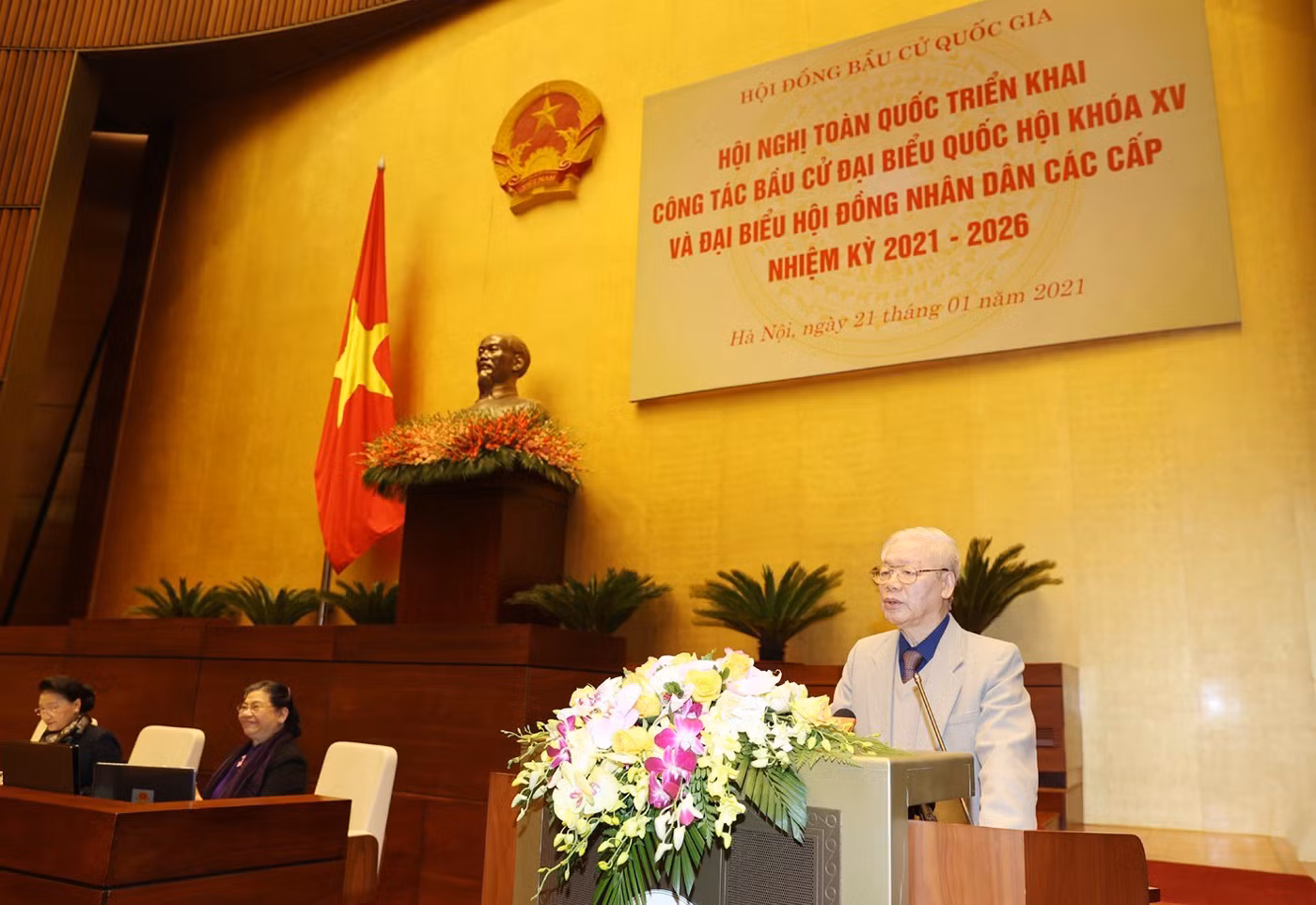 Tổng Bí thư, Chủ tịch nước Nguyễn Phú Trọng phát biểu chỉ đạo Hội nghị trực tuyến toàn quốc triển khai công tác bầu cử đại biểu Quốc hội khóa XV và đại biểu Hội đồng nhân dân các cấp nhiệm kỳ 2021-2026, sáng 21/1/2021.