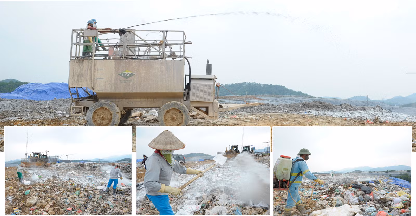 Công ty TNHH MTV Môi trường Đô thị Hà Nội phun chế phẩm Posi-shell nhằm khử mùi, chống rác bay, ngăn nước mưa lẫn vào nước.