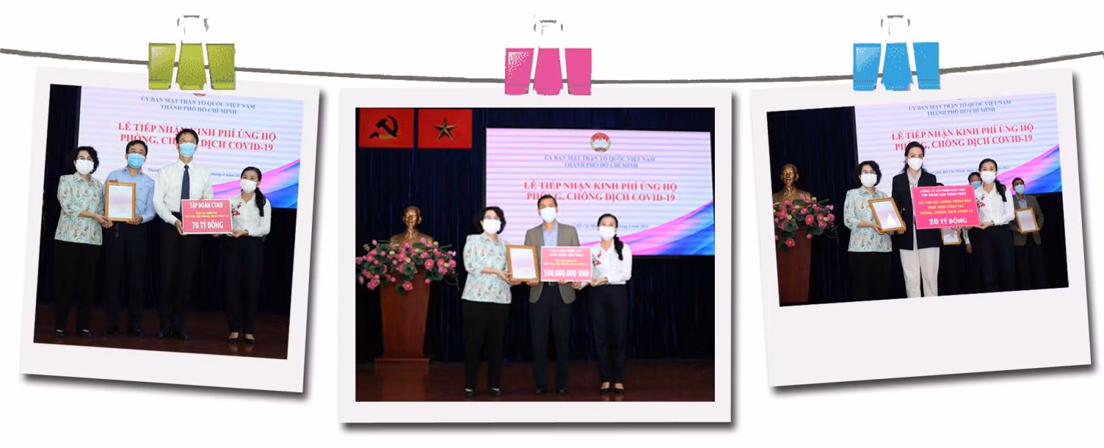 Lãnh đạo Ủy ban MTTQ Việt Nam Thành phố tiếp nhận bảng tượng trưng ủng hộ kinh phí phòng, chống COVID-19 và trao thư cảm ơn đến các doanh nghiệp, nhà tài trợ.