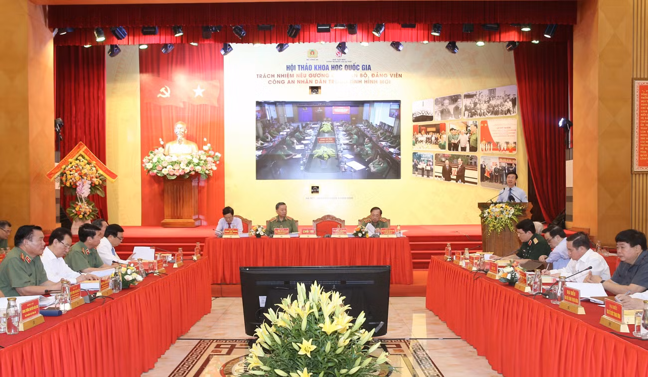 Quang cảnh Hội thảo khoa học quốc gia "Trách nhiệm nêu gương của cán bộ, đảng viên Công an nhân dân trong tình hình mới", sáng 29/6/2020, tại Hà Nội.