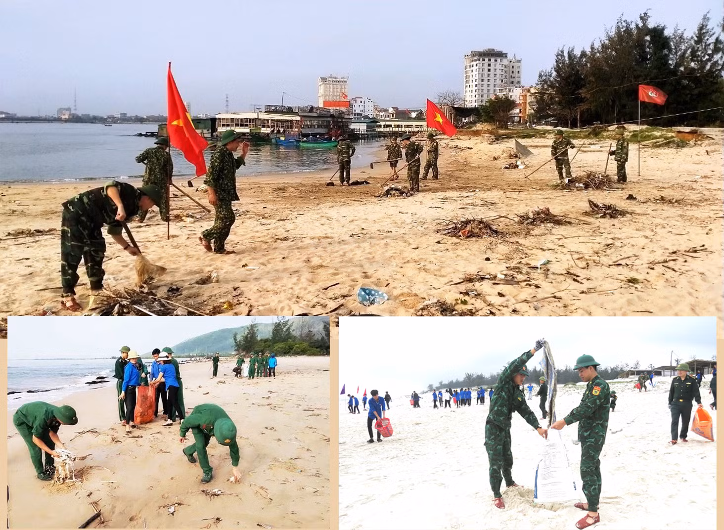 Đoàn viên thanh niên và Bộ đội Biên phòng vệ sinh môi trường, làm sạch bãi biển.