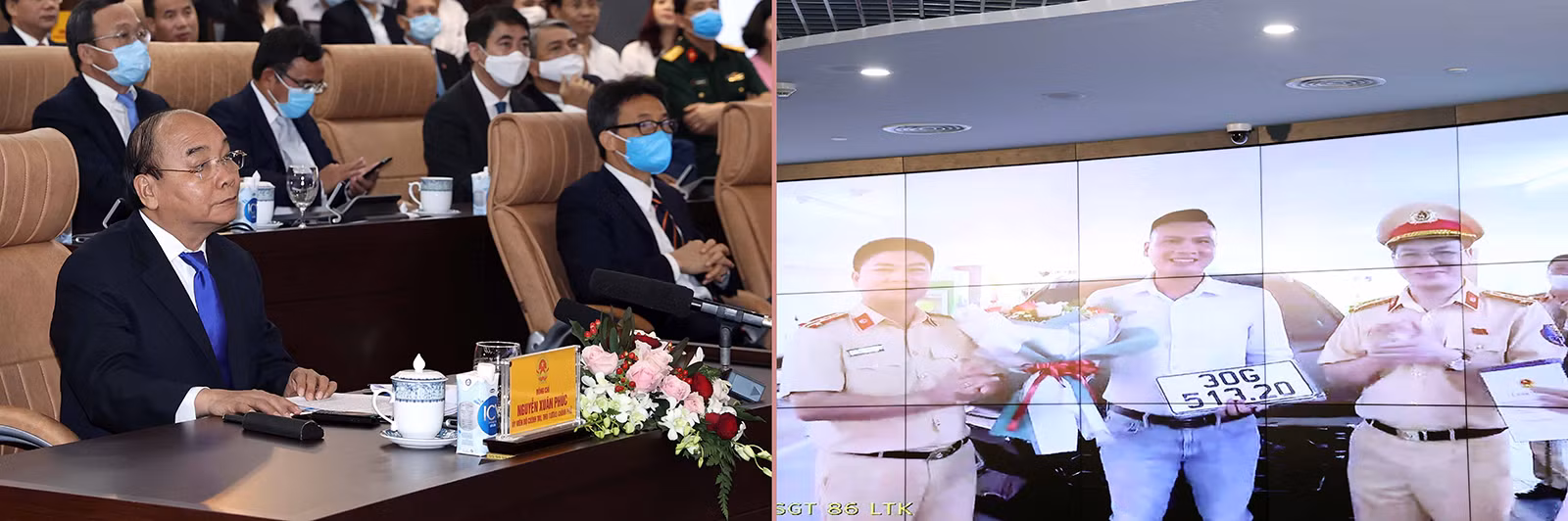 Thủ tướng Nguyễn Xuân Phúc, Chủ tịch Ủy ban Chính phủ điện tử quốc gia và các đại biểu trải nghiệm dịch vụ công quốc gia qua việc bấm biển số tại Phòng Cảnh sát giao thông Hà Nội.
