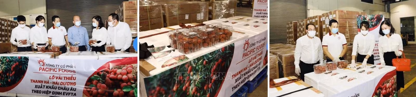 Đại diện cơ quan chức năng và đơn vị xuất khẩu với lô hàng xuất khẩu vải thiều đầu tiên sang thị trường châu Âu tại sân bay Nội Bài.