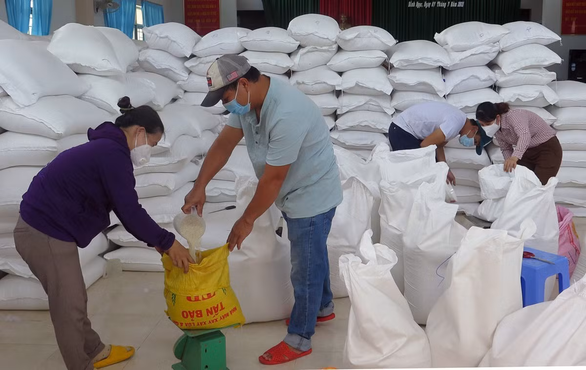 Tổ chức xuất, cấp gạo cho người dân gặp khó khăn tại xã Bình Ngọc, thành phố Tuy Hòa (Phú Yên).