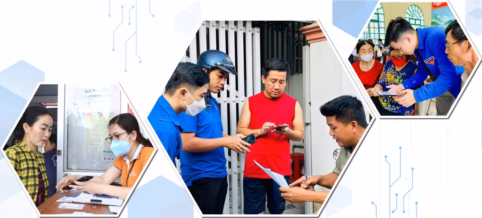 Thành viên Tổ công nghệ số tại các tỉnh, thành hỗ trợ người dân cài đặt ứng dụng VNeID, tập huấn chuyển đổi số.