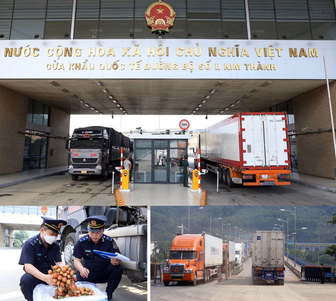 Xe chở quả vải tươi chờ làm thủ tục tại Cửa khẩu quốc tế đường bộ số II Kim Thành xuất khẩu sang Trung Quốc.