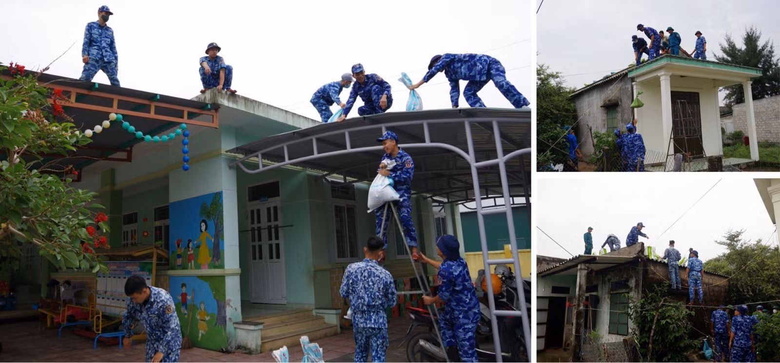 Hải đội 202 - Bộ Tư lệnh Vùng Cảnh sát biển 2 phối hợp với chính quyền địa phương và các lực lượng khác trên địa bàn khẩn trương hỗ trợ người dân xã Triệu An (Quảng Trị) chằng chống nhà cửa tránh bão.