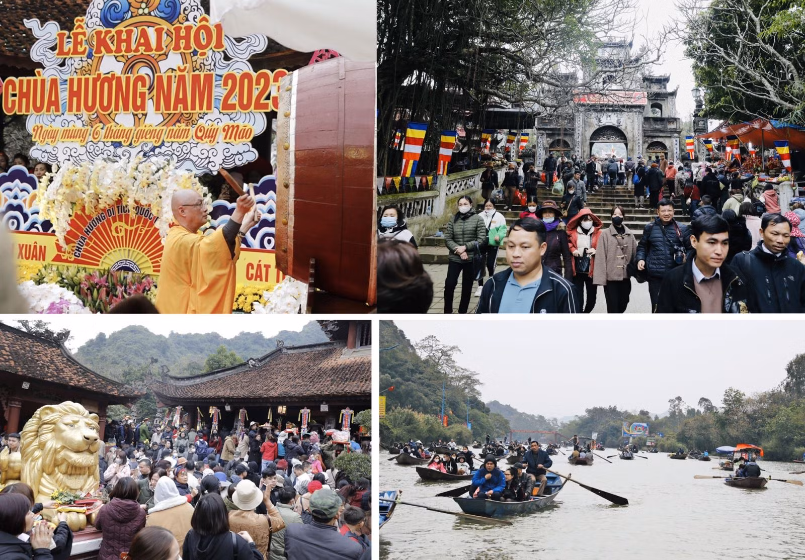 Sáng 27/1/2023 (mùng 6 tháng Giêng), tại Khu di tích chùa Hương, huyện Mỹ Đức, Hà Nội diễn ra lễ khai hội chùa Hương Xuân Quý Mão 2023.