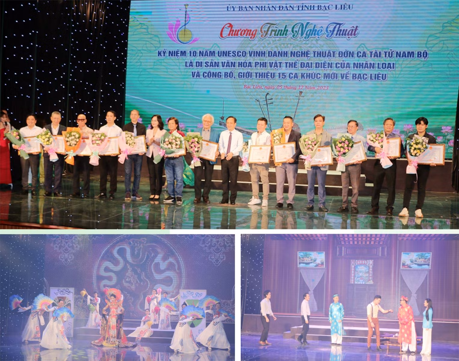 Tối 5/12/2023, UBND tỉnh Bạc Liêu tổ chức chương trình nghệ thuật kỷ niệm 10 năm UNESCO vinh danh Nghệ thuật Đờn ca tài tử Nam Bộ là Di sản văn hoá phi vật thể đại diện của nhân loại; đồng thời công bố, giới thiệu các sáng tác ca khúc mới về Bạc Liêu và trao giải Cuộc thi sáng tác chập cải lương, lời mới bản Đờn ca tài tử và vọng cổ về Phong trào Toàn dân đoàn kết xây dựng đời sống văn hoá, xây dựng nông thôn mới năm 2023.