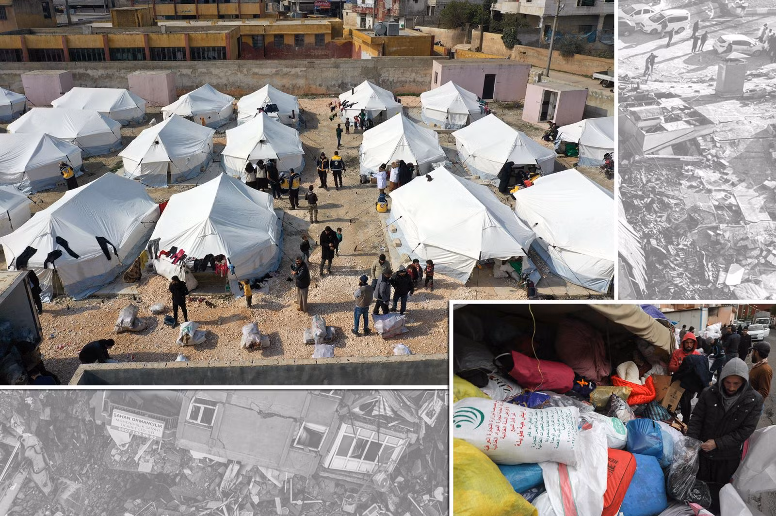 Khu lều tạm dành cho những người dân bị mất nhà cửa sau trận động đất tại Idlib, Syria, ngày 11/2/2023 (ảnh lớn). Tình nguyện viên sắp xếp hàng cứu trợ dành cho các nạn nhân của trận động đất ở Thổ Nhĩ Kỳ và Syria, tại Arbil, Iraq, ngày 9/2/2023 (ảnh nhỏ).